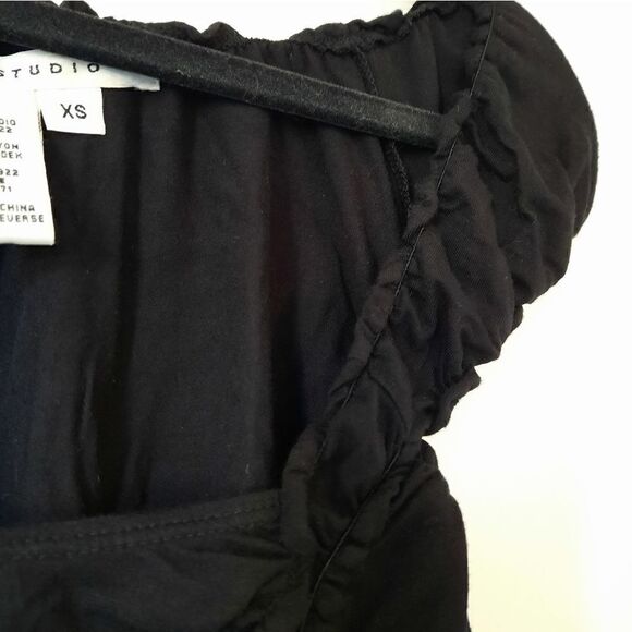 Max Studio Cap Sleeve Square Neck Ruched Ruffle Top Black - Picture 10 of 16